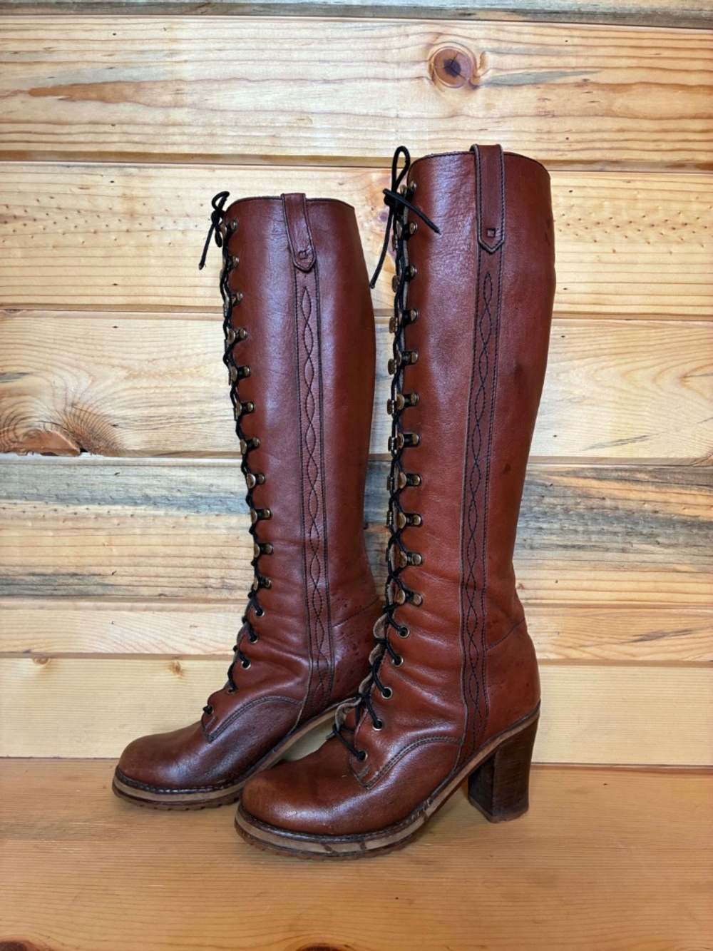 1970's Lace Up Campus Boots tall brown leather - Picture 9 of 13
